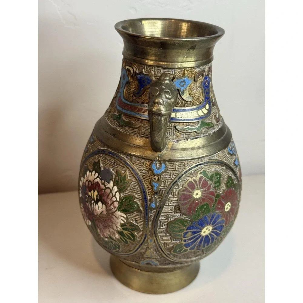 Vintage Japanese Champleve Enamel Brass Bronze Vase Urn Dragon Handle Antique